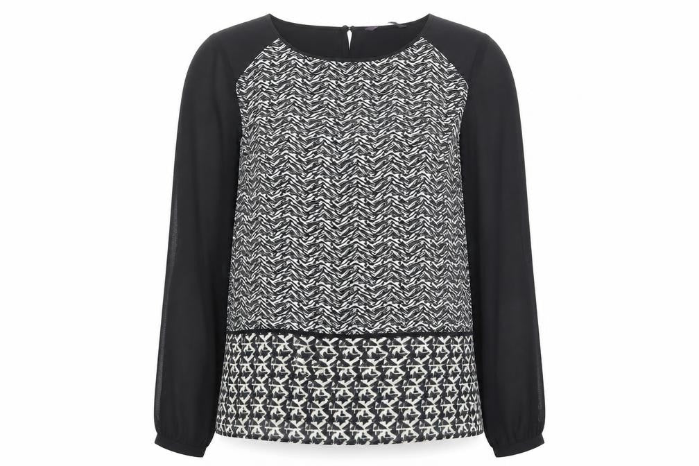 Front view of Marks & Spencer women’s black geometric polyester basic blouse, size UK 12, boat neck