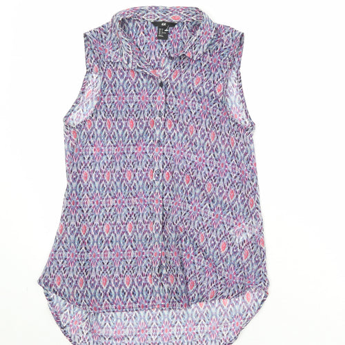 H&M Womens Multicoloured Geometric Polyester Basic Button-Up Size 6 Collared