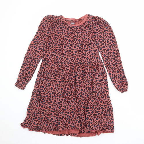 NEXT Girls Pink Animal Print 100% Cotton T-Shirt Dress Size 11 Years Round Neck Pullover - Leopard Print