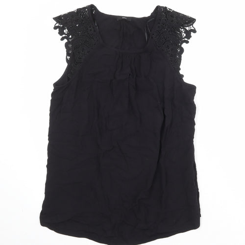 M&Co Womens Black Viscose Basic Blouse Size 12 Scoop Neck - Crocheted Lace Detail