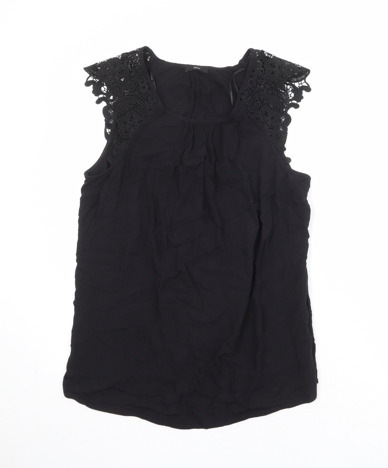 M&Co Womens Black Viscose Basic Blouse Size 12 Scoop Neck - Crocheted Lace Detail