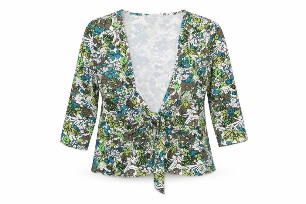 Front view of Topshop women’s multicoloured floral viscose basic blouse, size UK 10, v-neck - tie front