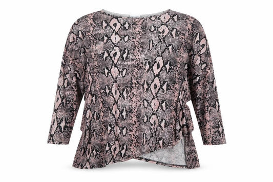 Front view of Blue Vanilla women’s pink animal print polyester basic blouse, size M, boat neck - asymmetric