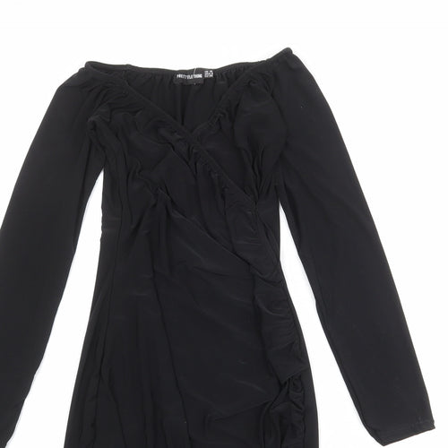 PRETTYLITTLETHING Womens Black Polyester A-Line Size 10 V-Neck Pullover