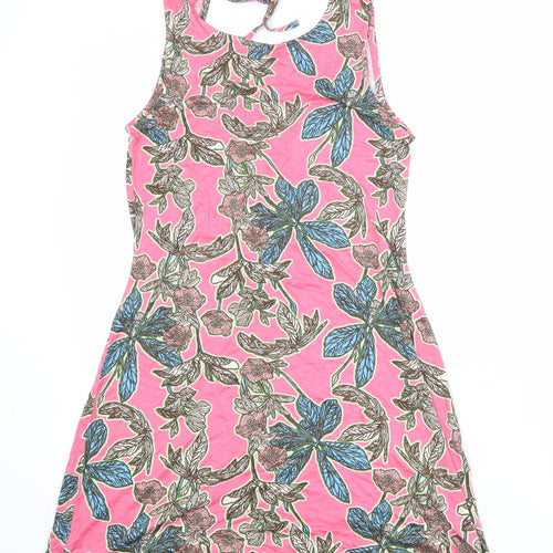 South Womens Pink Floral Viscose Shift Size 10 Round Neck Tie