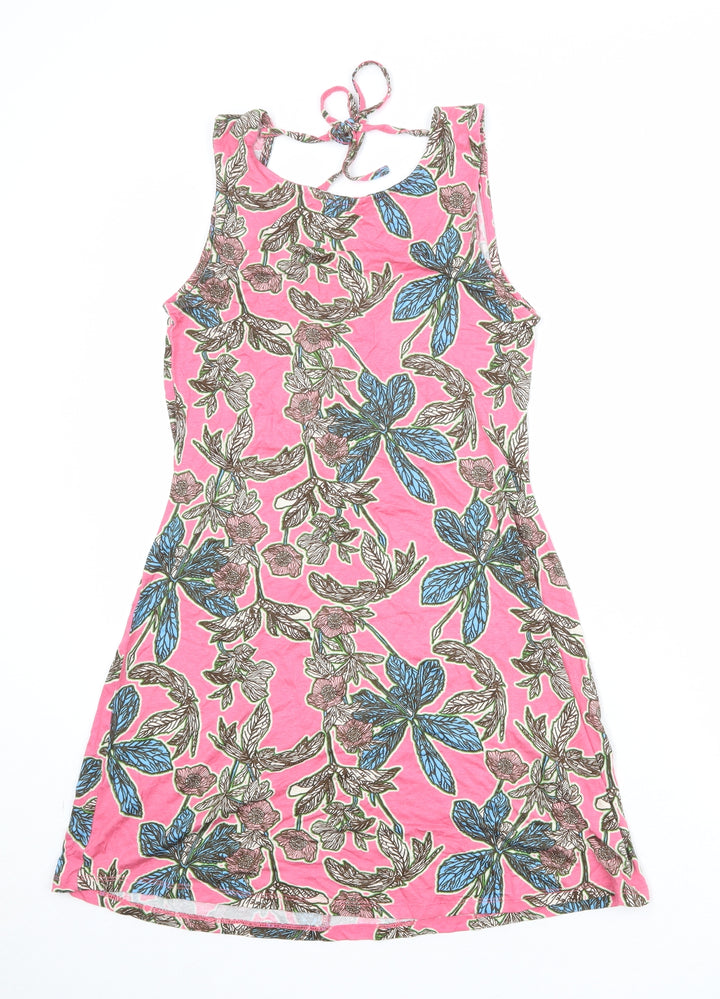 South Womens Pink Floral Viscose Shift Size 10 Round Neck Tie