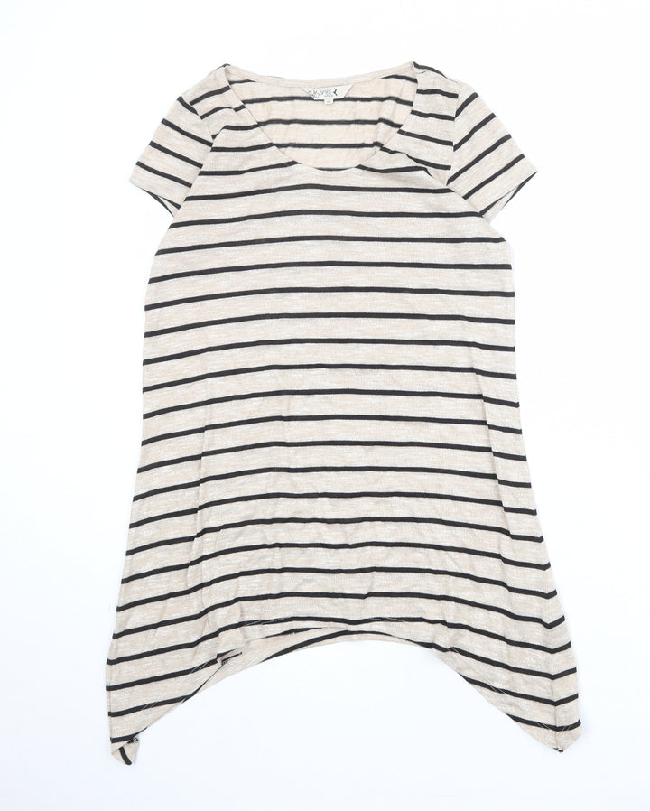 M&Co Womens Beige Striped Viscose Basic T-Shirt Size 12 Scoop Neck - Asymmetric