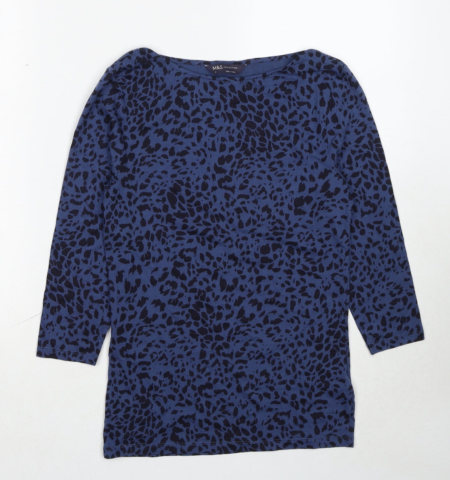 Marks and Spencer Womens Blue Animal Print Cotton Basic T-Shirt Size 8 Boat Neck