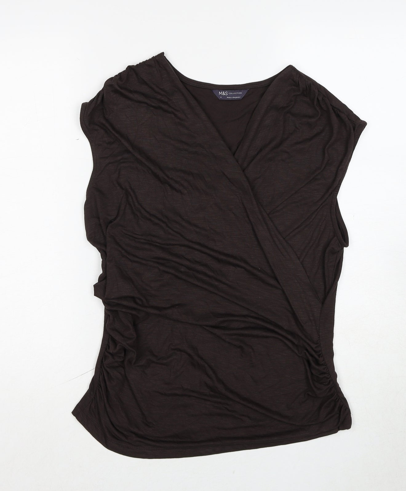 Marks and Spencer Womens Brown Modal Basic T-Shirt Size 14 V-Neck - Wrap Style