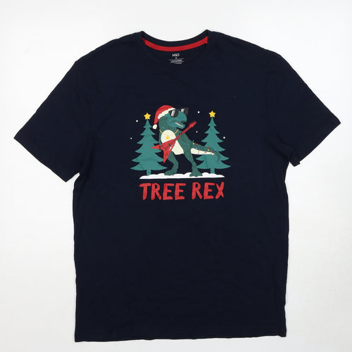 Marks and Spencer Mens Blue Cotton T-Shirt Size M Round Neck - Christmas Tree Rex