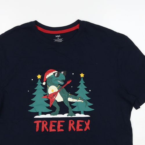 Marks and Spencer Mens Blue Cotton T-Shirt Size M Round Neck - Christmas Tree Rex