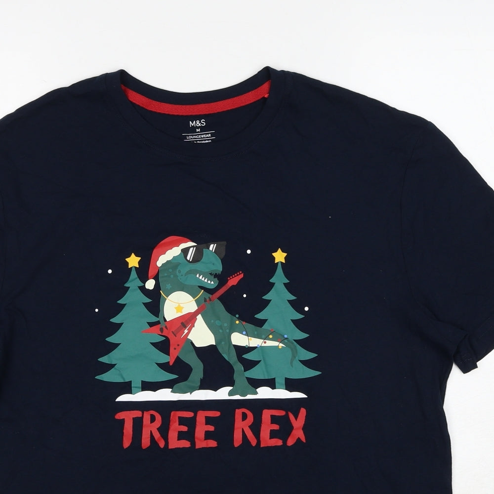Marks and Spencer Mens Blue Cotton T-Shirt Size M Round Neck - Christmas Tree Rex