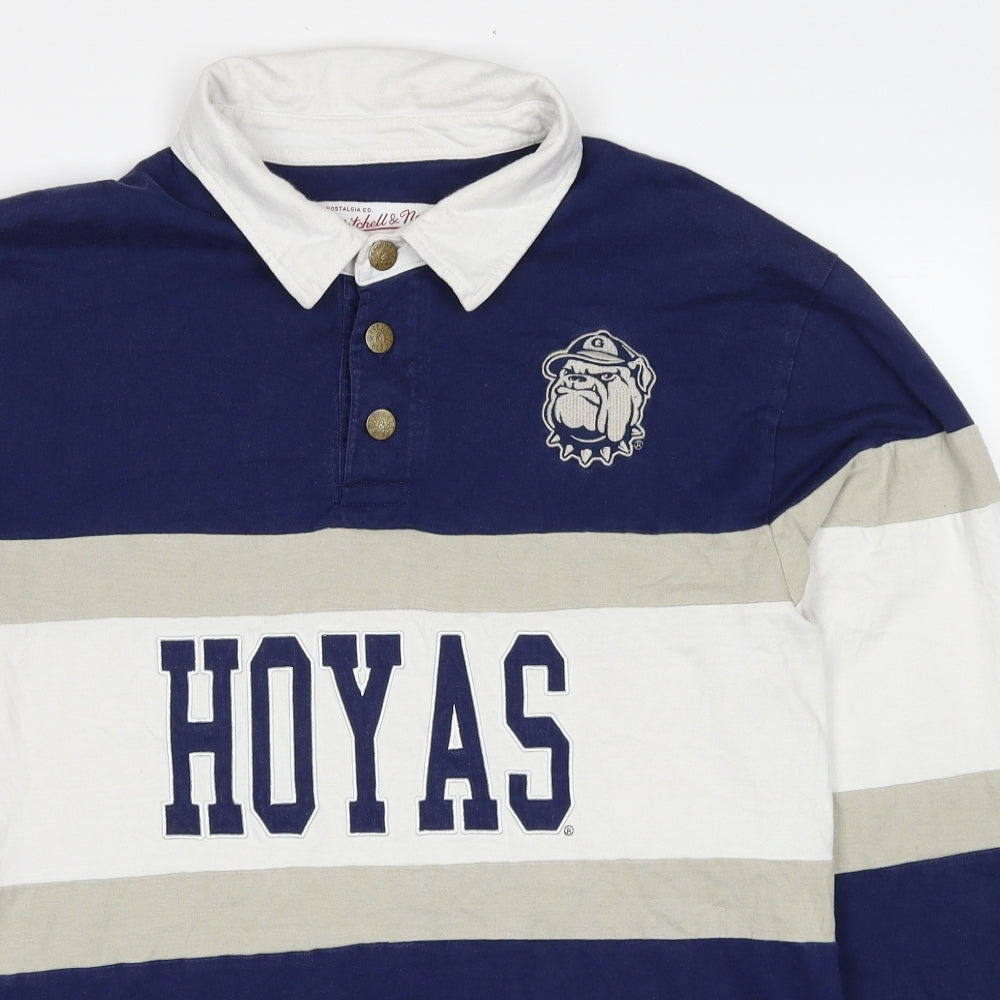 Mitchell & Ness Mens Blue Colourblock Cotton Polo Size L Collared Pullover - Hoyas