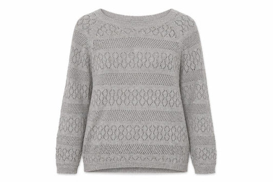 Front view of Monsoon women’s grey round neck acrylic jumper, size M