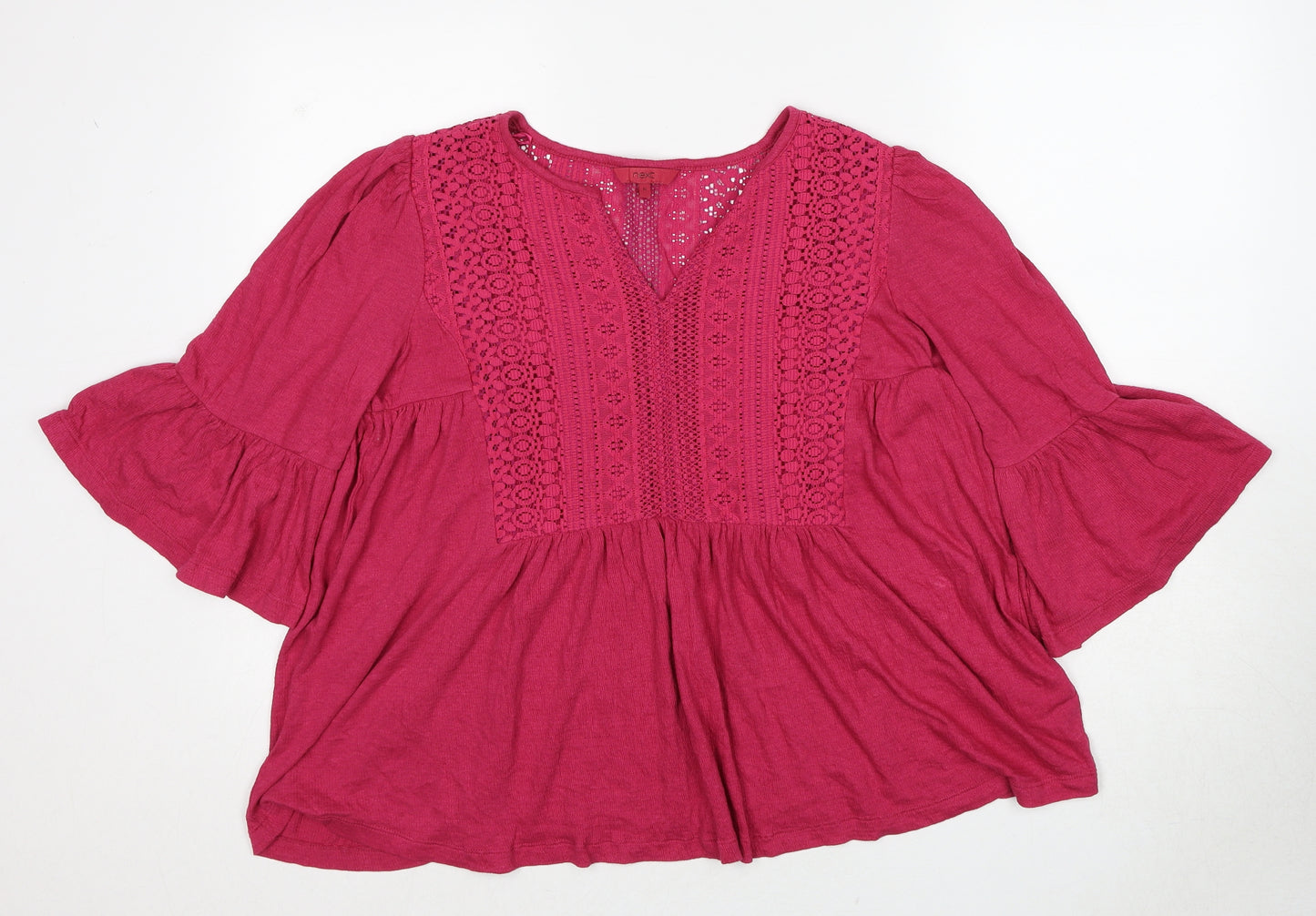 NEXT Womens Pink Cotton Basic Blouse Size 10 V-Neck - Lace Detail