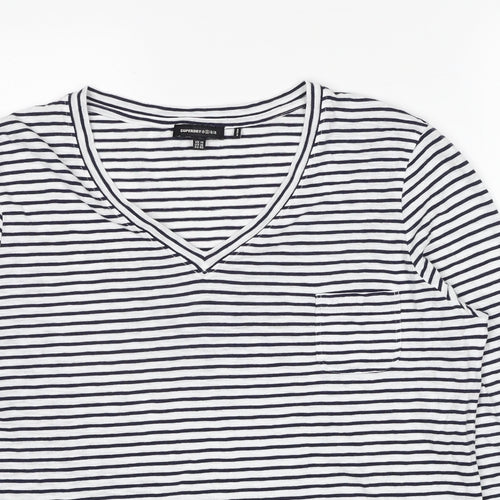 Superdry Womens White Striped Cotton Basic T-Shirt Size 14 V-Neck