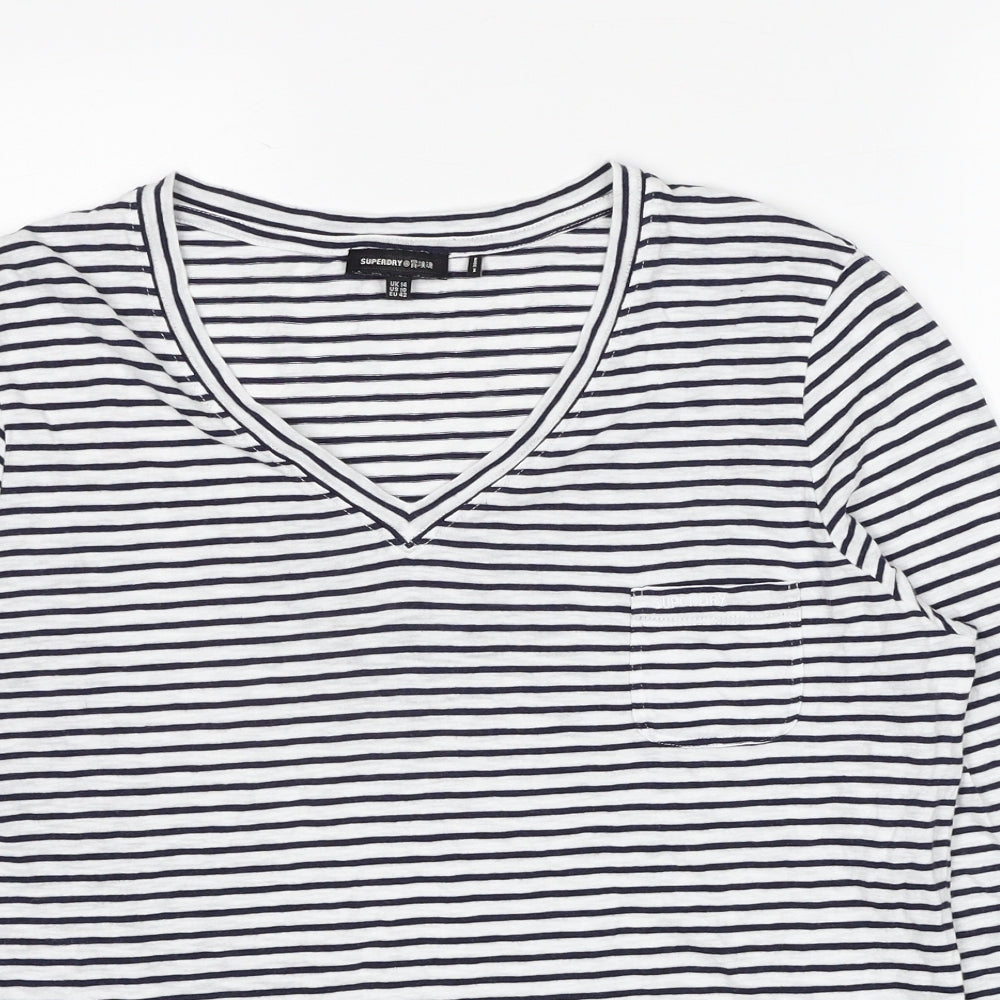 Superdry Womens White Striped Cotton Basic T-Shirt Size 14 V-Neck