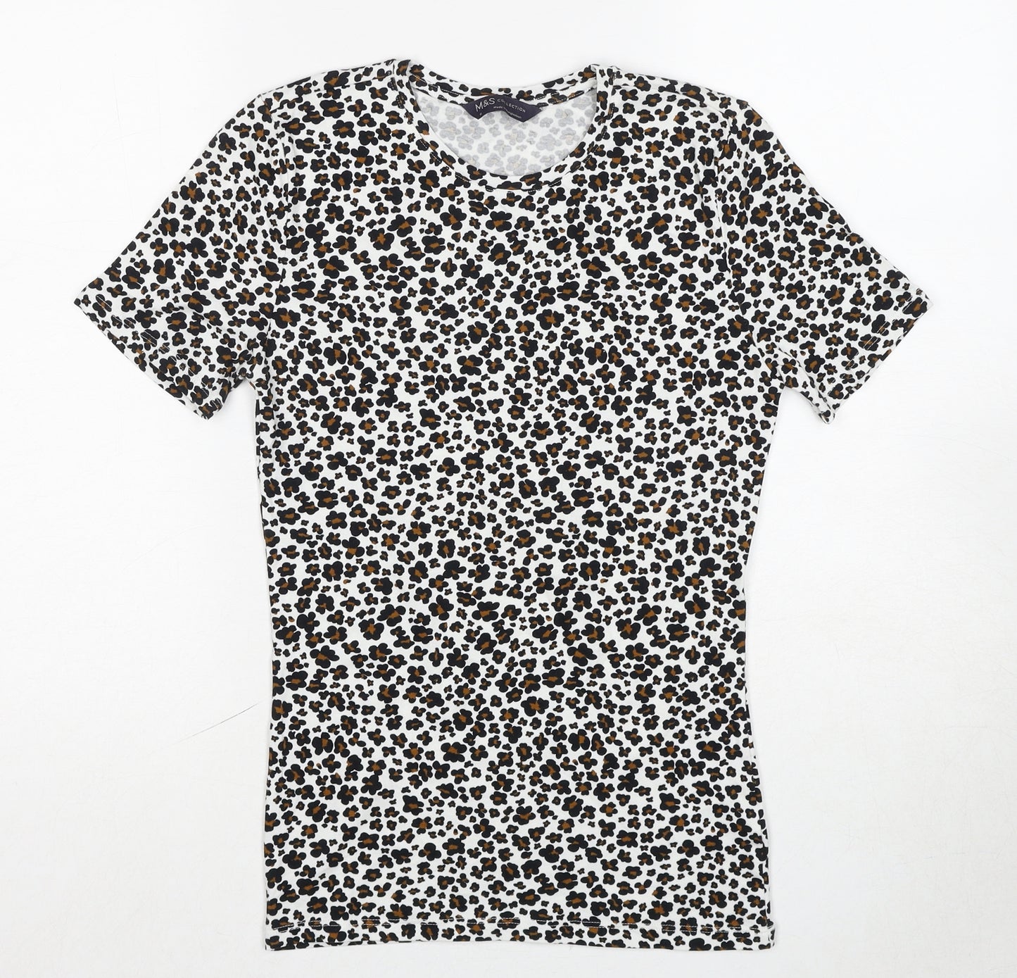 Marks and Spencer Womens Multicoloured Animal Print Cotton Basic T-Shirt Size 6 Crew Neck - Leopard Print