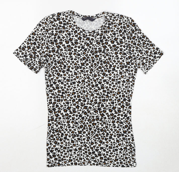 Marks and Spencer Womens Multicoloured Animal Print Cotton Basic T-Shirt Size 6 Crew Neck - Leopard Print
