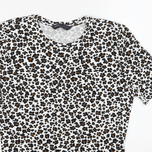 Marks and Spencer Womens Multicoloured Animal Print Cotton Basic T-Shirt Size 6 Crew Neck - Leopard Print