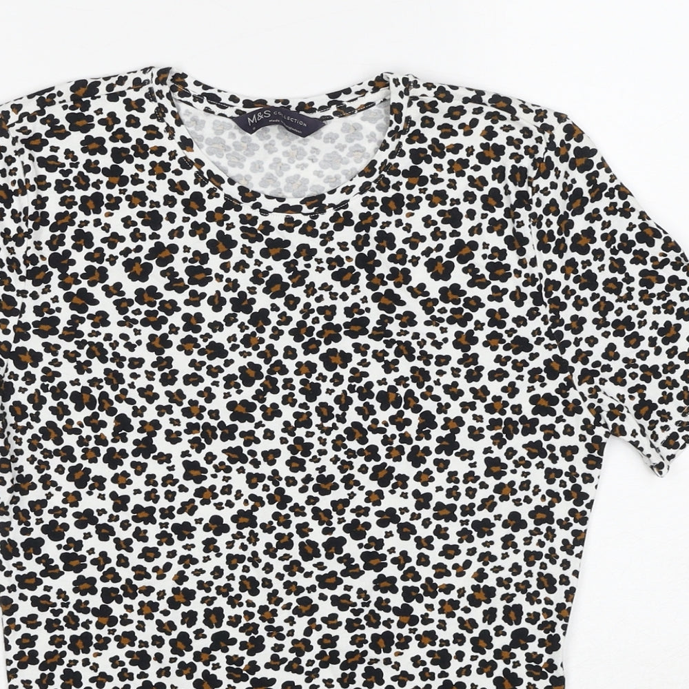Marks and Spencer Womens Multicoloured Animal Print Cotton Basic T-Shirt Size 6 Crew Neck - Leopard Print