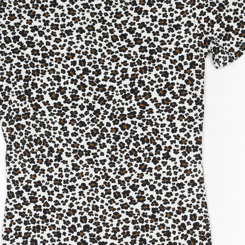 Marks and Spencer Womens Multicoloured Animal Print Cotton Basic T-Shirt Size 6 Crew Neck - Leopard Print
