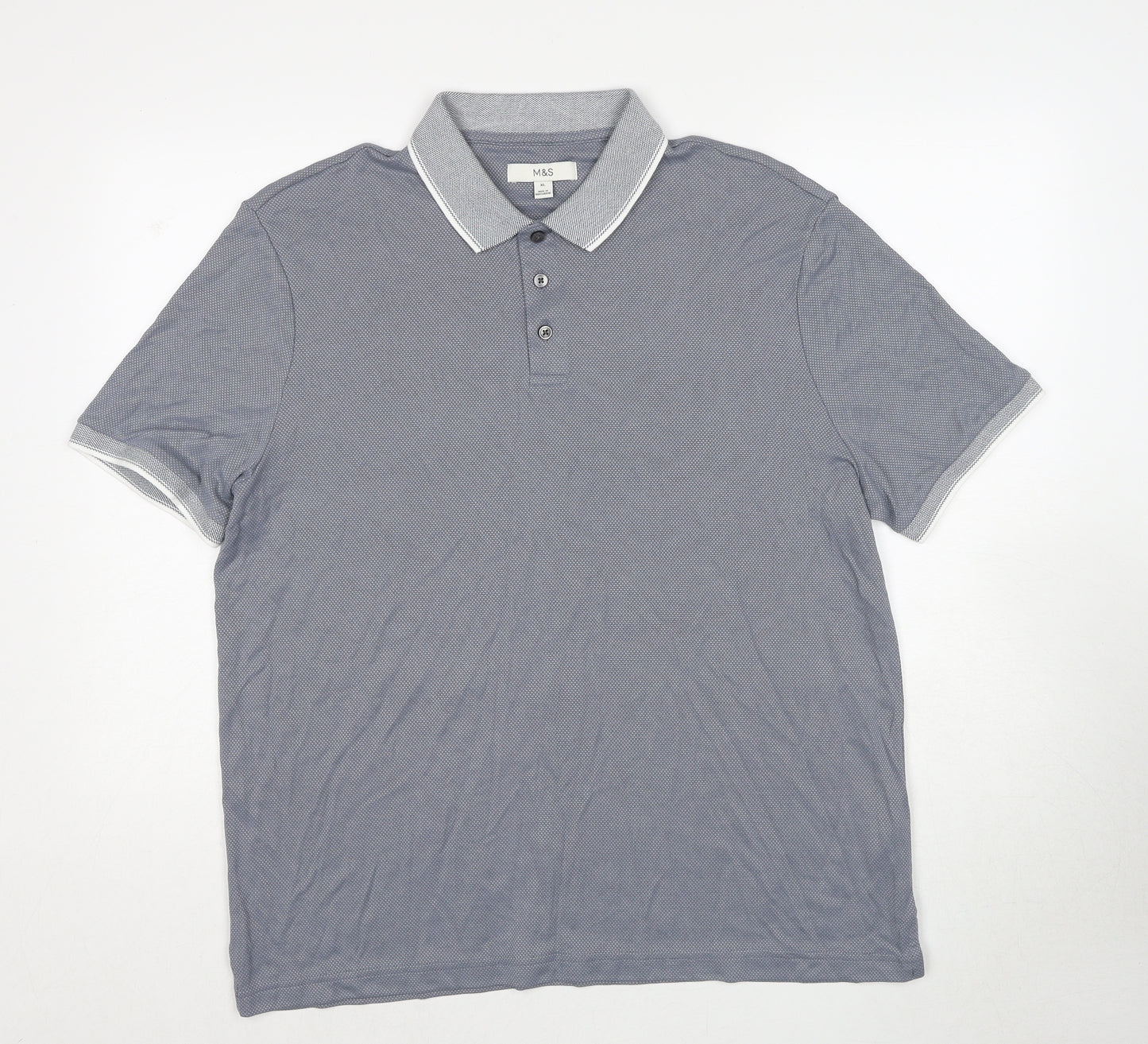 Marks and Spencer Mens Blue Geometric Modal Polo Size XL Collared Pullover