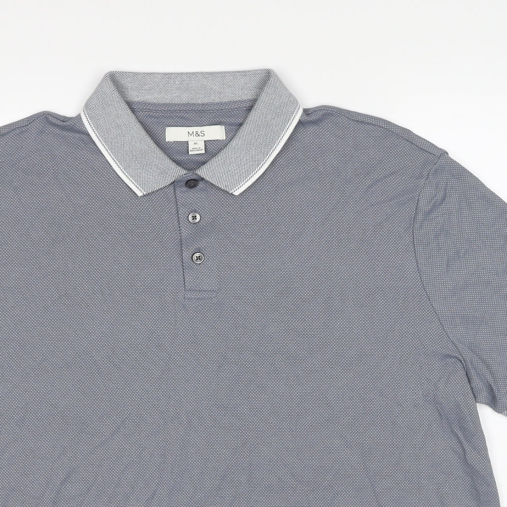 Marks and Spencer Mens Blue Geometric Modal Polo Size XL Collared Pullover