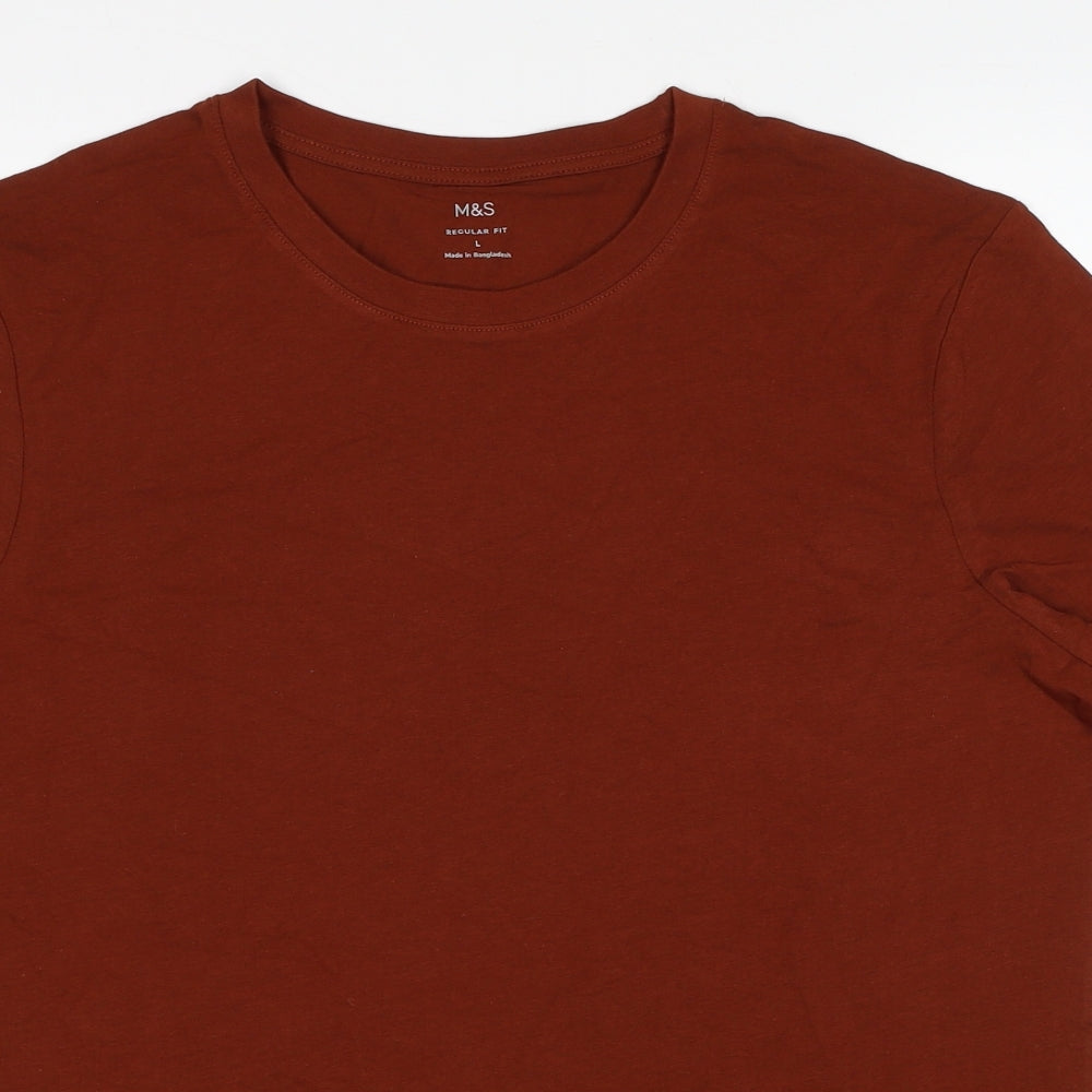 Marks and Spencer Mens Brown Cotton T-Shirt Size L Round Neck