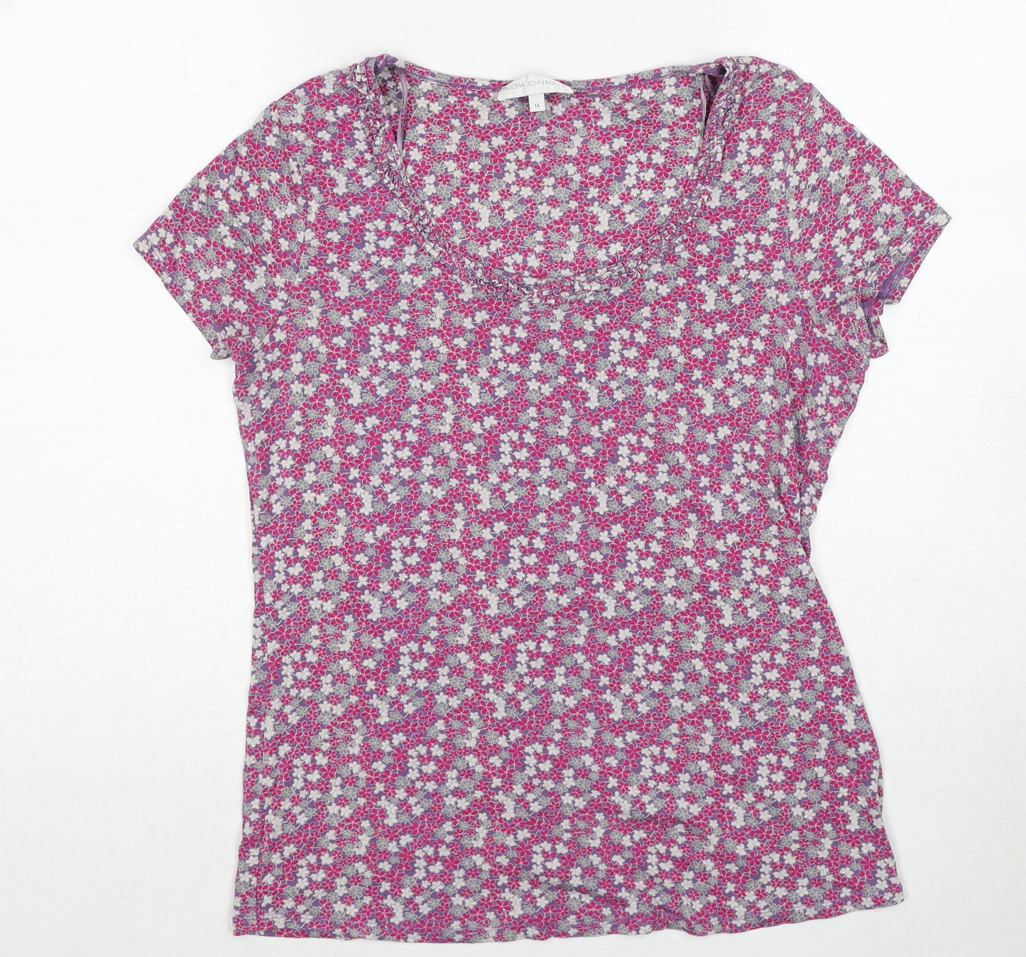 RJR.John Rocha Womens Pink Floral Viscose Basic T-Shirt Size 14 Scoop Neck