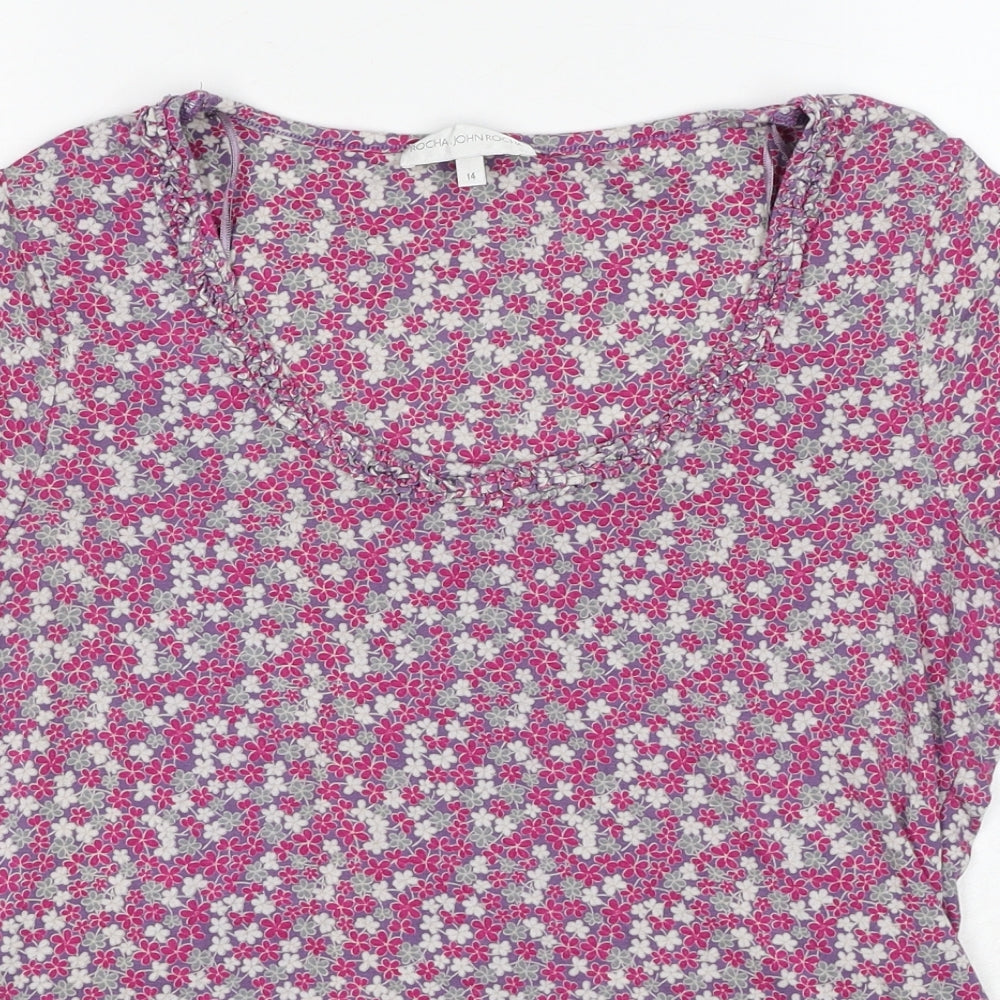 RJR.John Rocha Womens Pink Floral Viscose Basic T-Shirt Size 14 Scoop Neck