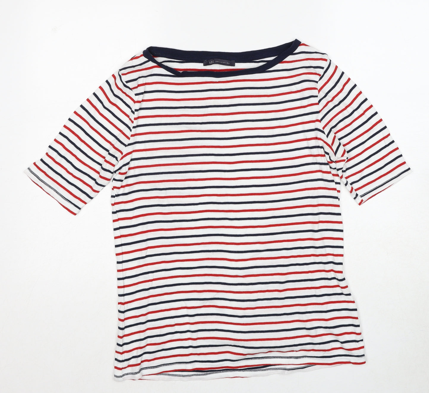 Marks and Spencer Womens Multicoloured Striped Cotton Basic T-Shirt Size 14 Boat Neck