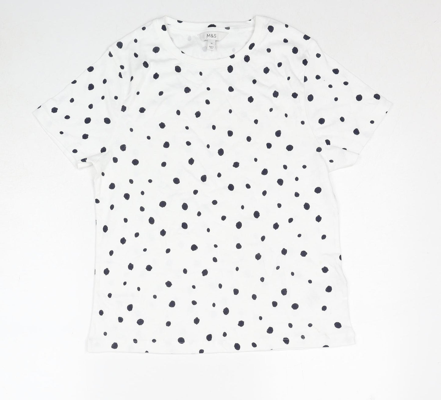 Marks and Spencer Womens White Animal Print Cotton Basic T-Shirt Size 16 Round Neck - Dalmatian Print
