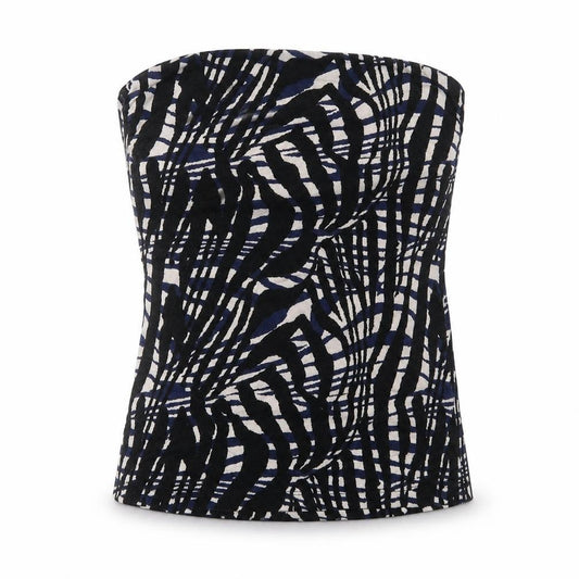 Front view of H&M women’s multicoloured geometric cotton basic blouse, size L, square neck - strapless