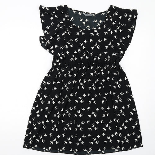 BHS Womens Black Geometric Polyester A-Line Size 16 Round Neck Pullover - Bird Pattern
