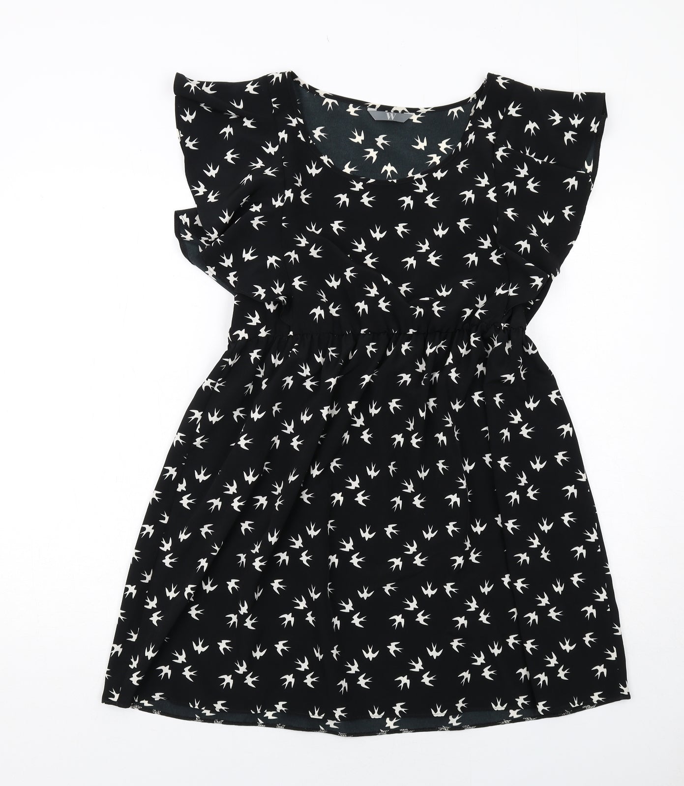 BHS Womens Black Geometric Polyester A-Line Size 16 Round Neck Pullover - Bird Pattern