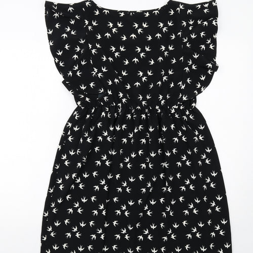 BHS Womens Black Geometric Polyester A-Line Size 16 Round Neck Pullover - Bird Pattern