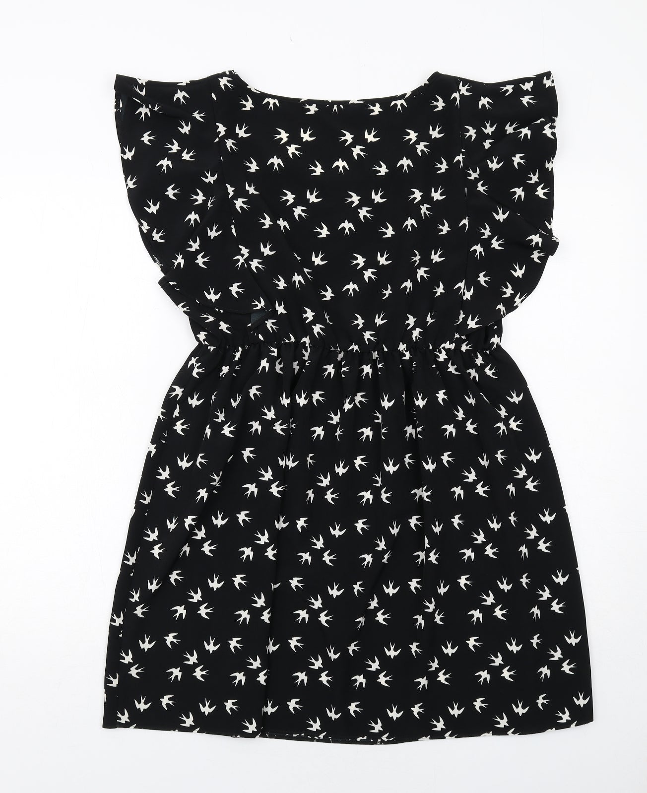 BHS Womens Black Geometric Polyester A-Line Size 16 Round Neck Pullover - Bird Pattern