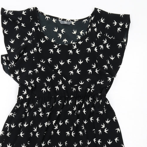 BHS Womens Black Geometric Polyester A-Line Size 16 Round Neck Pullover - Bird Pattern