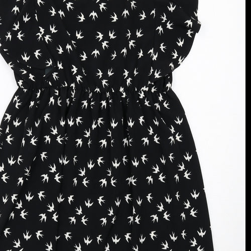 BHS Womens Black Geometric Polyester A-Line Size 16 Round Neck Pullover - Bird Pattern