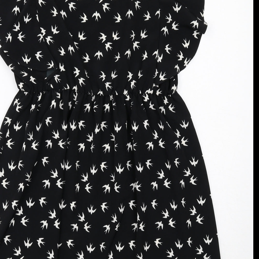 BHS Womens Black Geometric Polyester A-Line Size 16 Round Neck Pullover - Bird Pattern