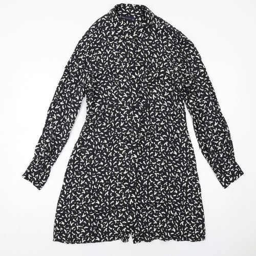 Marks and Spencer Womens Black Geometric Viscose Shirt Dress Size 12 Collared Button