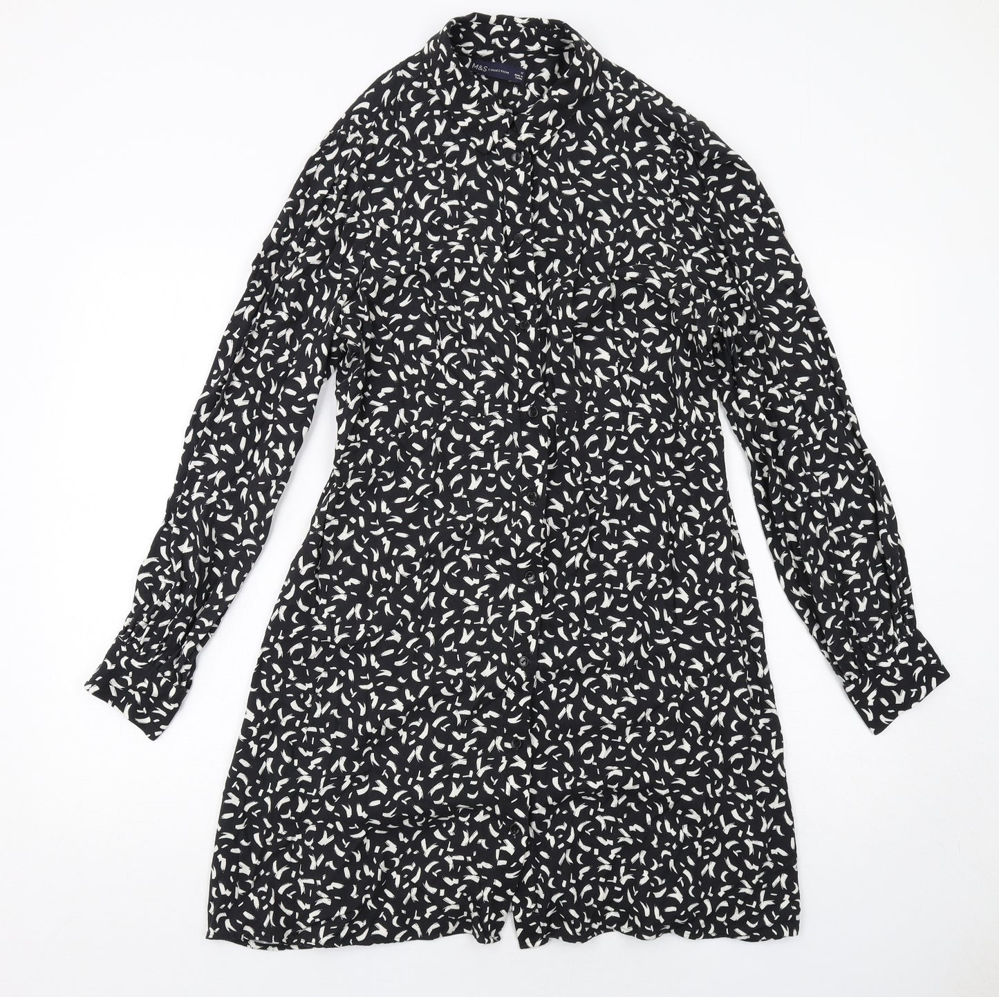 Marks and Spencer Womens Black Geometric Viscose Shirt Dress Size 12 Collared Button