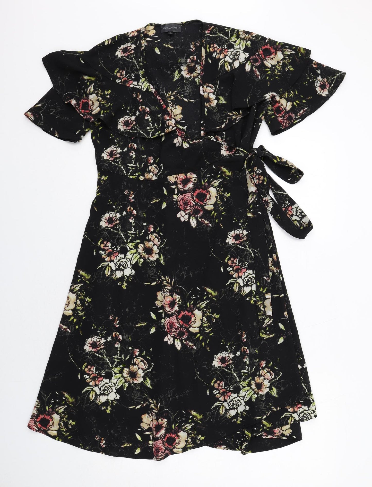 NEXT Womens Black Floral Polyester Wrap Dress Size 8 V-Neck Tie
