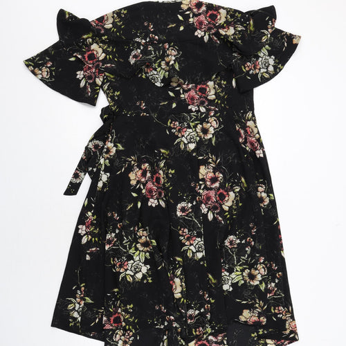 NEXT Womens Black Floral Polyester Wrap Dress Size 8 V-Neck Tie