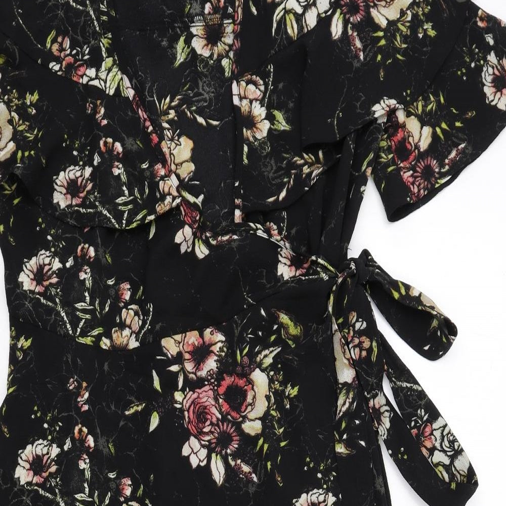 NEXT Womens Black Floral Polyester Wrap Dress Size 8 V-Neck Tie