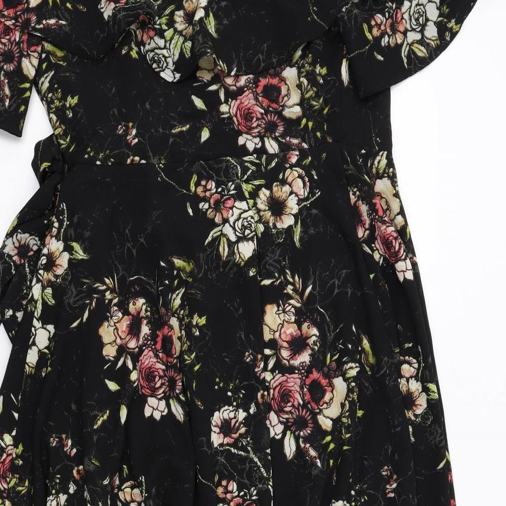 NEXT Womens Black Floral Polyester Wrap Dress Size 8 V-Neck Tie
