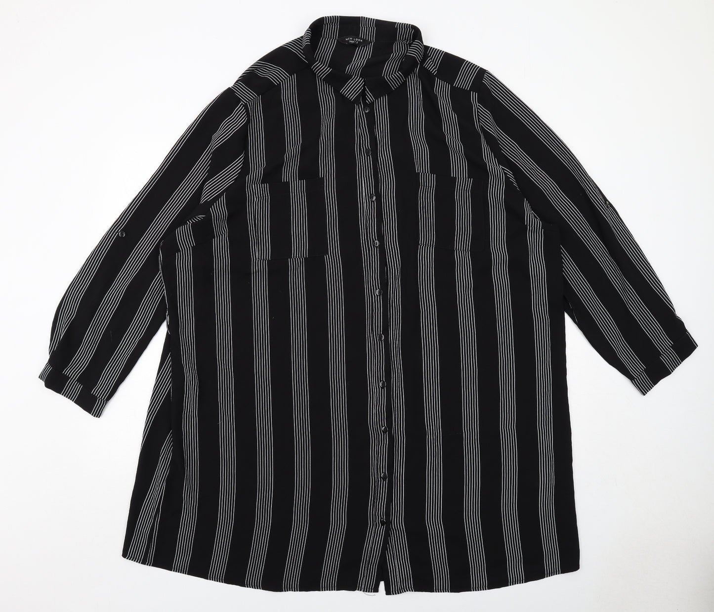 New Look Womens Black Striped Polyester Shirt Dress Size 26 Collared Button