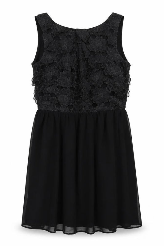 Front view of ASOS women’s black floral polyester a-line, size UK 10, round neck zip