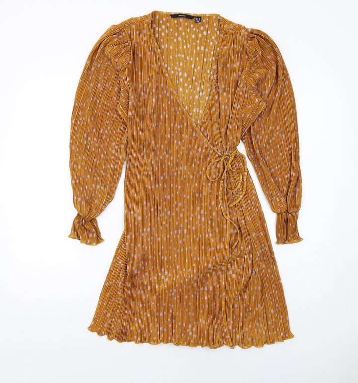 VERO MODA Womens Yellow Polka Dot Polyester Wrap Dress Size XS V-Neck Tie